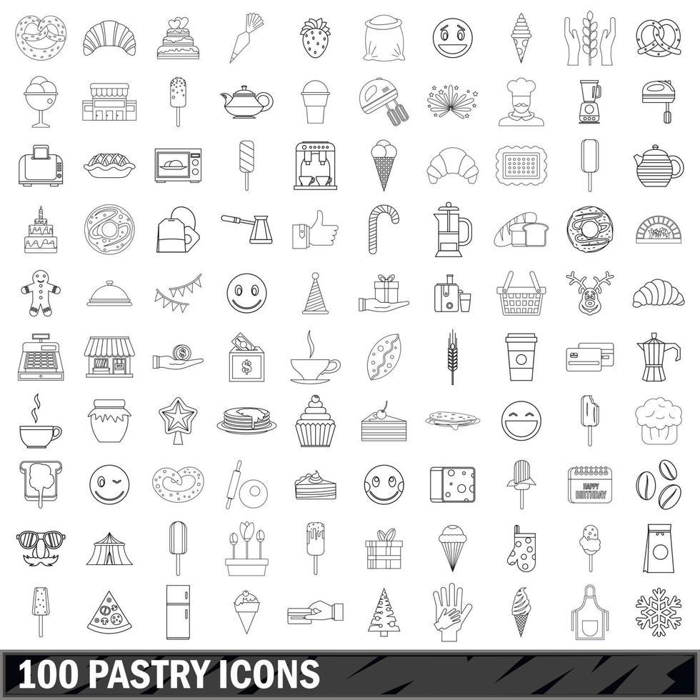 100 iconos de pastelería, estilo de esquema vector