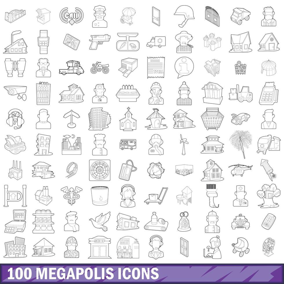 Conjunto de iconos de 100 megalópolis, estilo de contorno vector