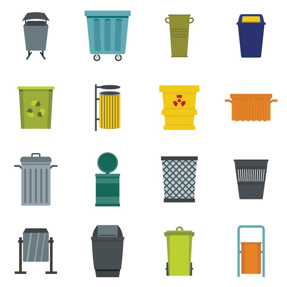 iconos de contenedor de basura establecidos en estilo plano vector