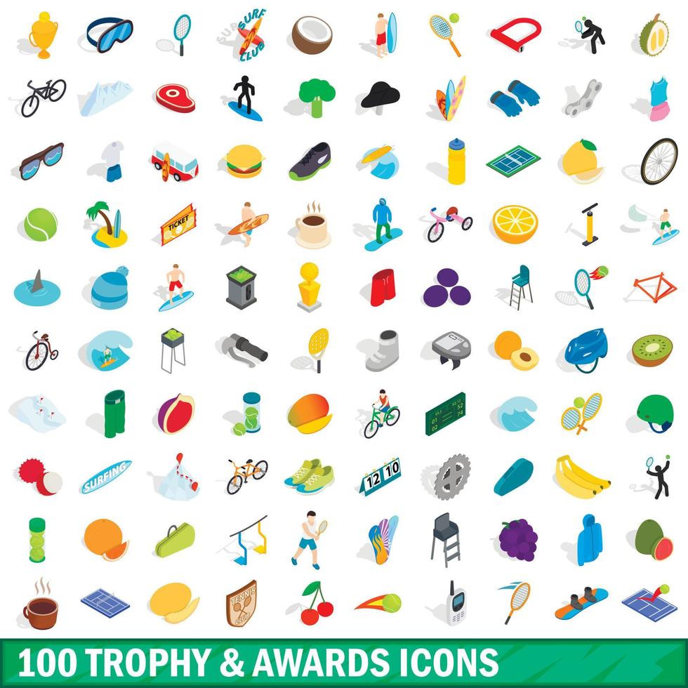 100 iconos de trofeos y premios, estilo isométrico vector