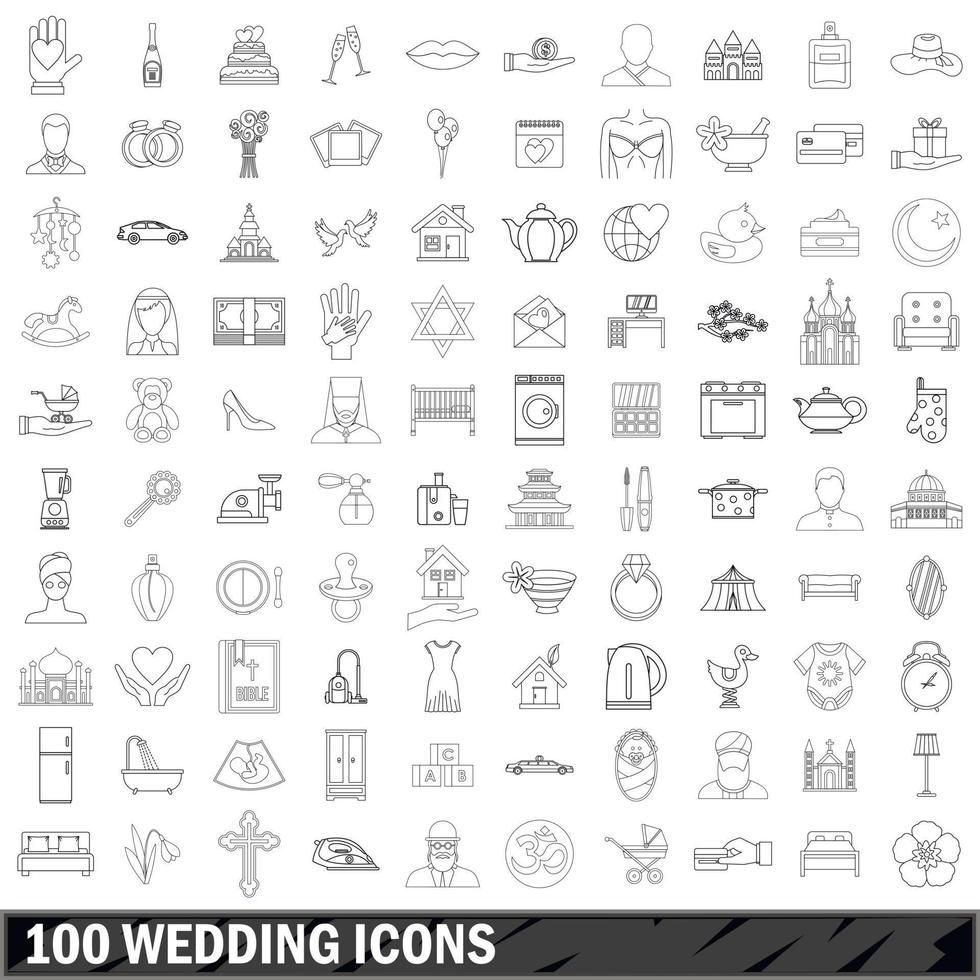 100 conjunto de iconos de boda, estilo de esquema vector