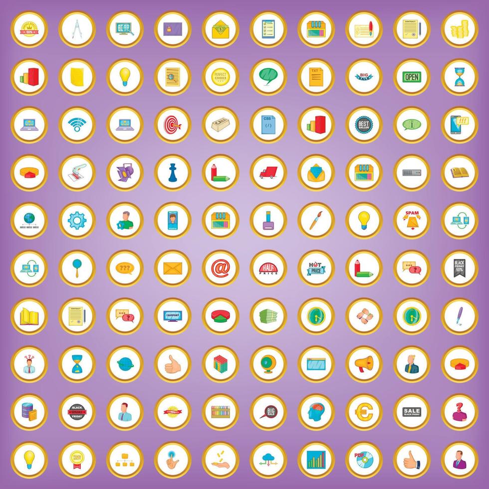 100 digital marketing icons set in cartoon style vector