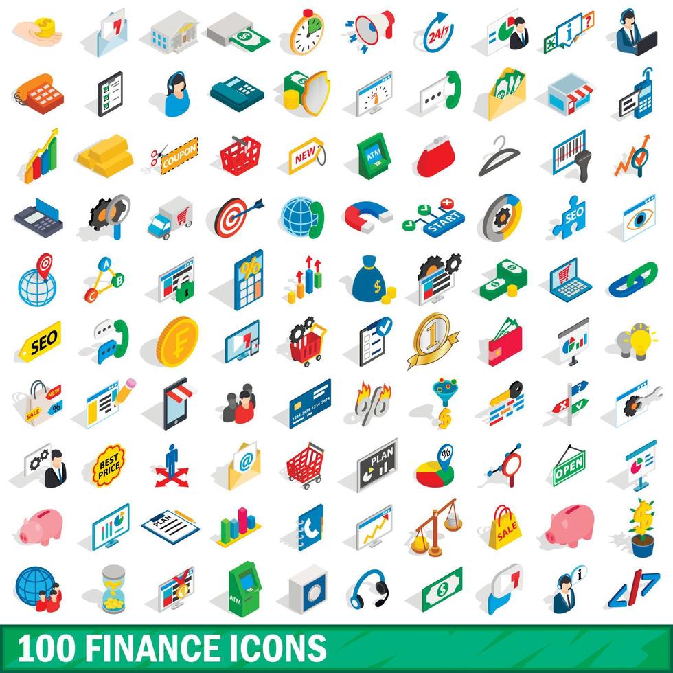 100 finance icons set, isometric 3d style vector