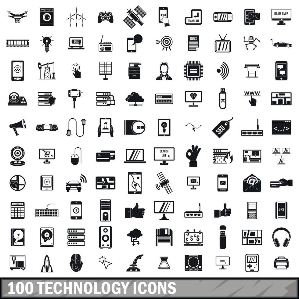 100 iconos de tecnología, estilo simple vector