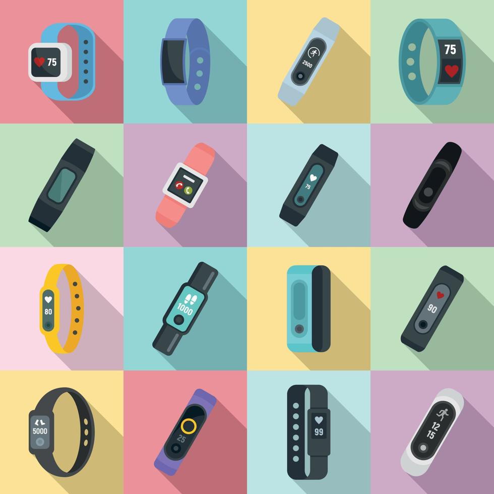 Fitness bracelet icons set, flat style vector