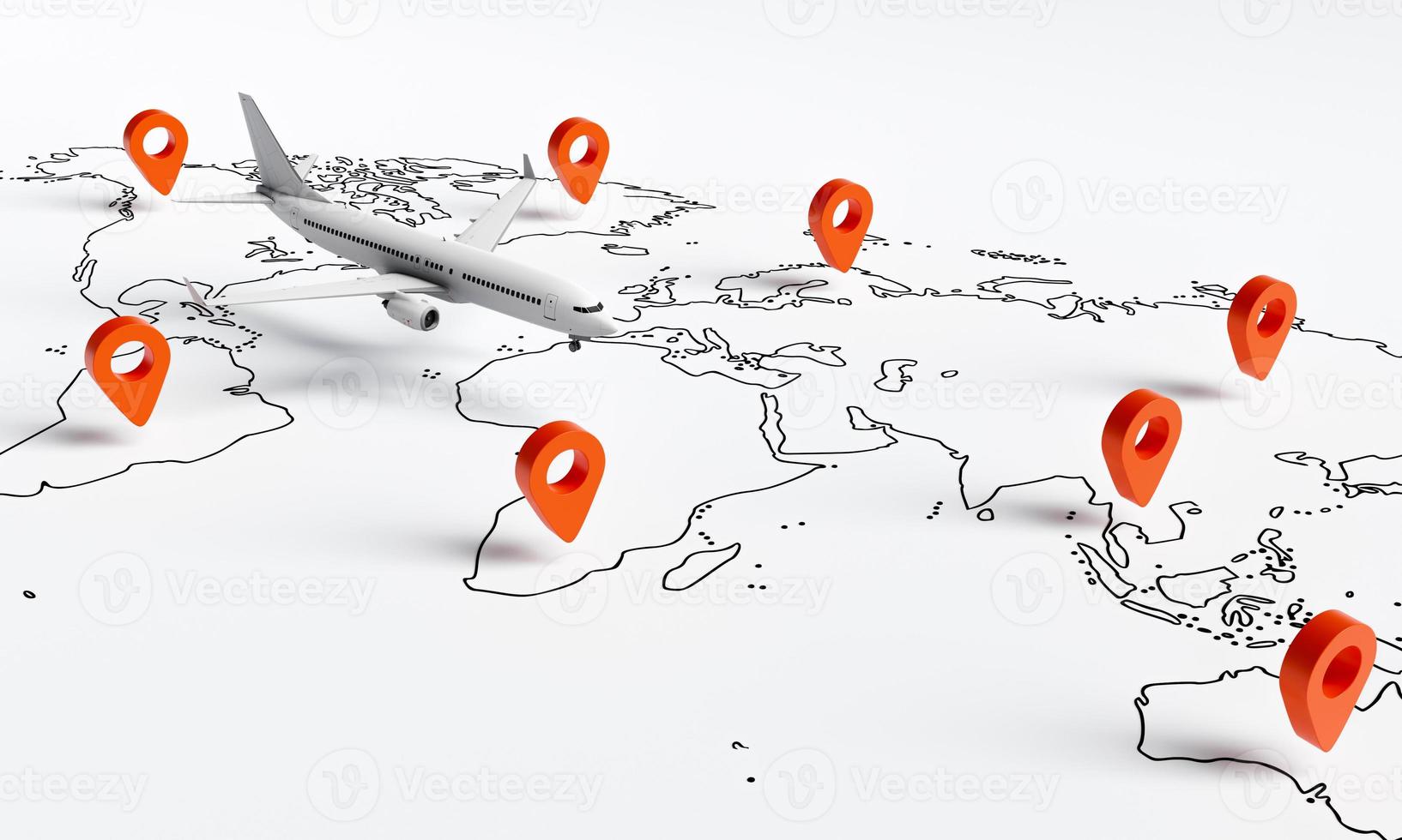 Plane flies above white paper map of the world travel with red location pins point background. Travel and wanderlust concept. 3D illustration rendering photo