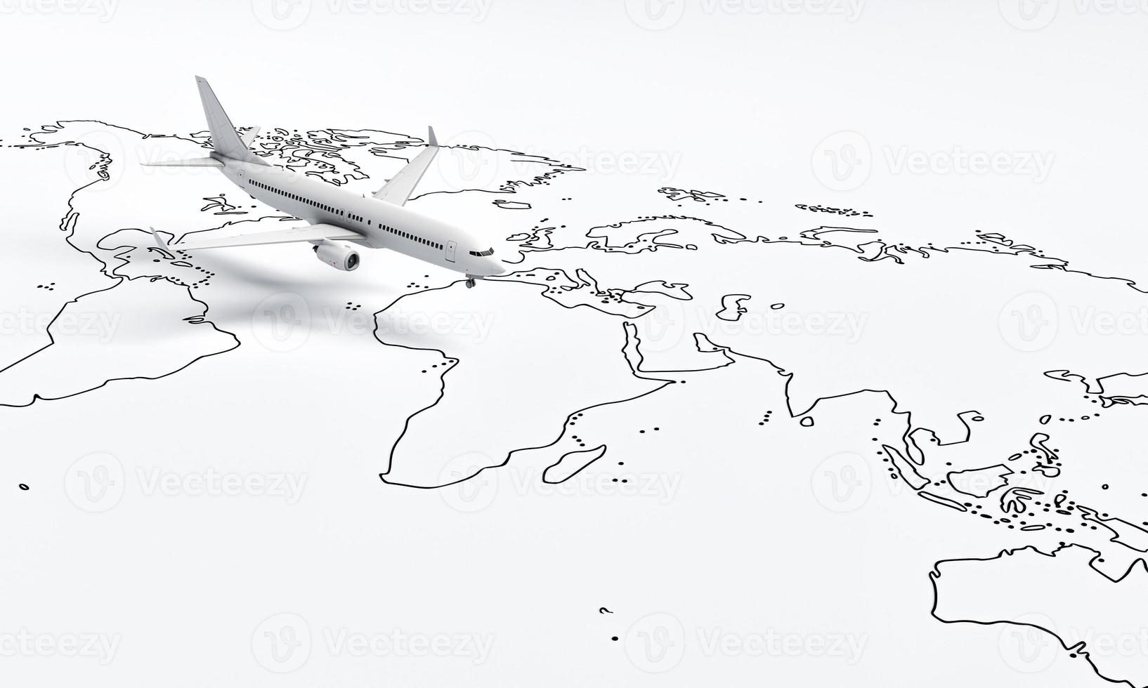 Plane flies above white paper map of the world travel background. Travel and wanderlust concept. 3D illustration rendering photo
