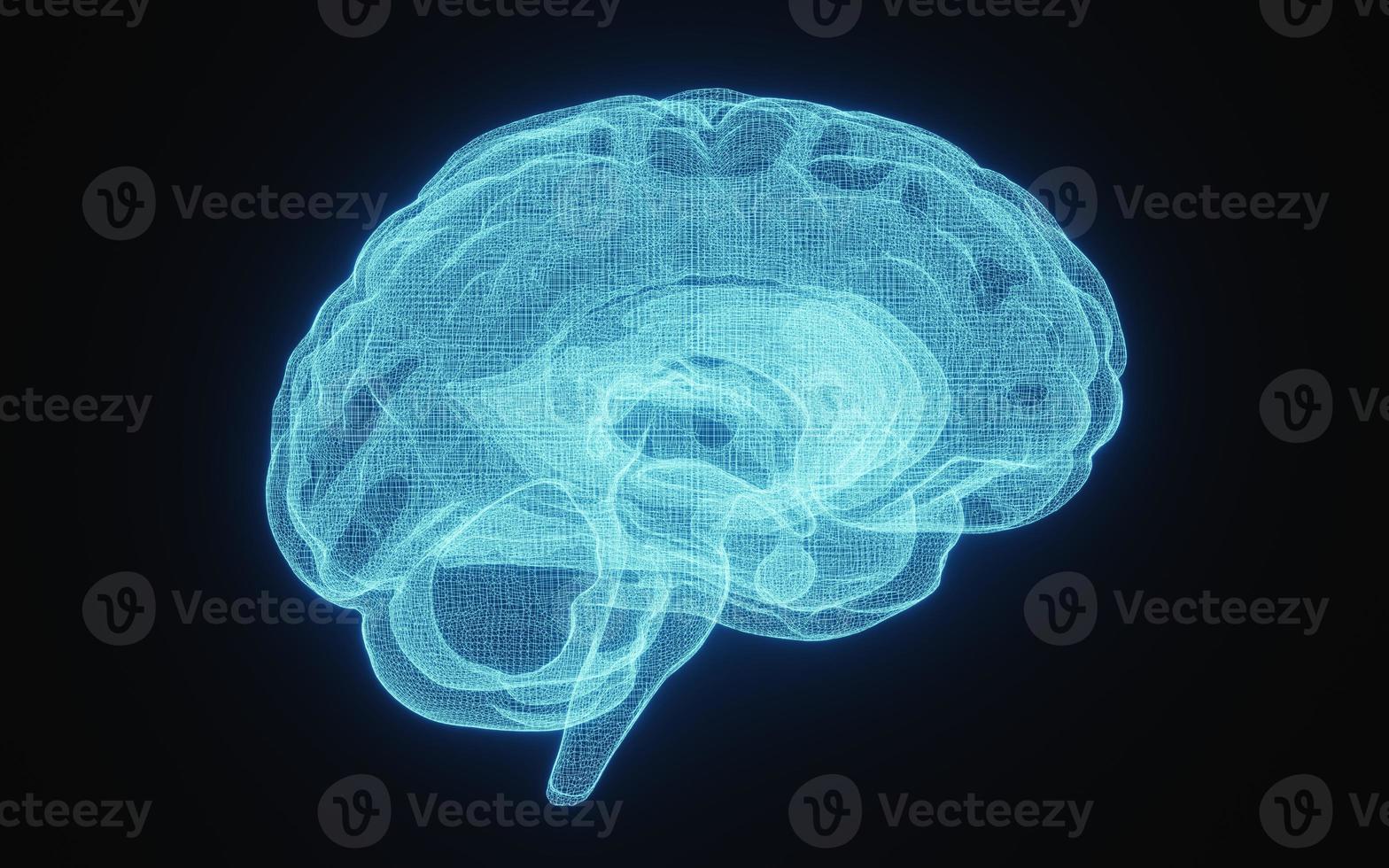 Glowing X-ray image of human brain in blue wireframe on isolated black background. Science and medical concept. Side of brain. 3D illustration rendering photo