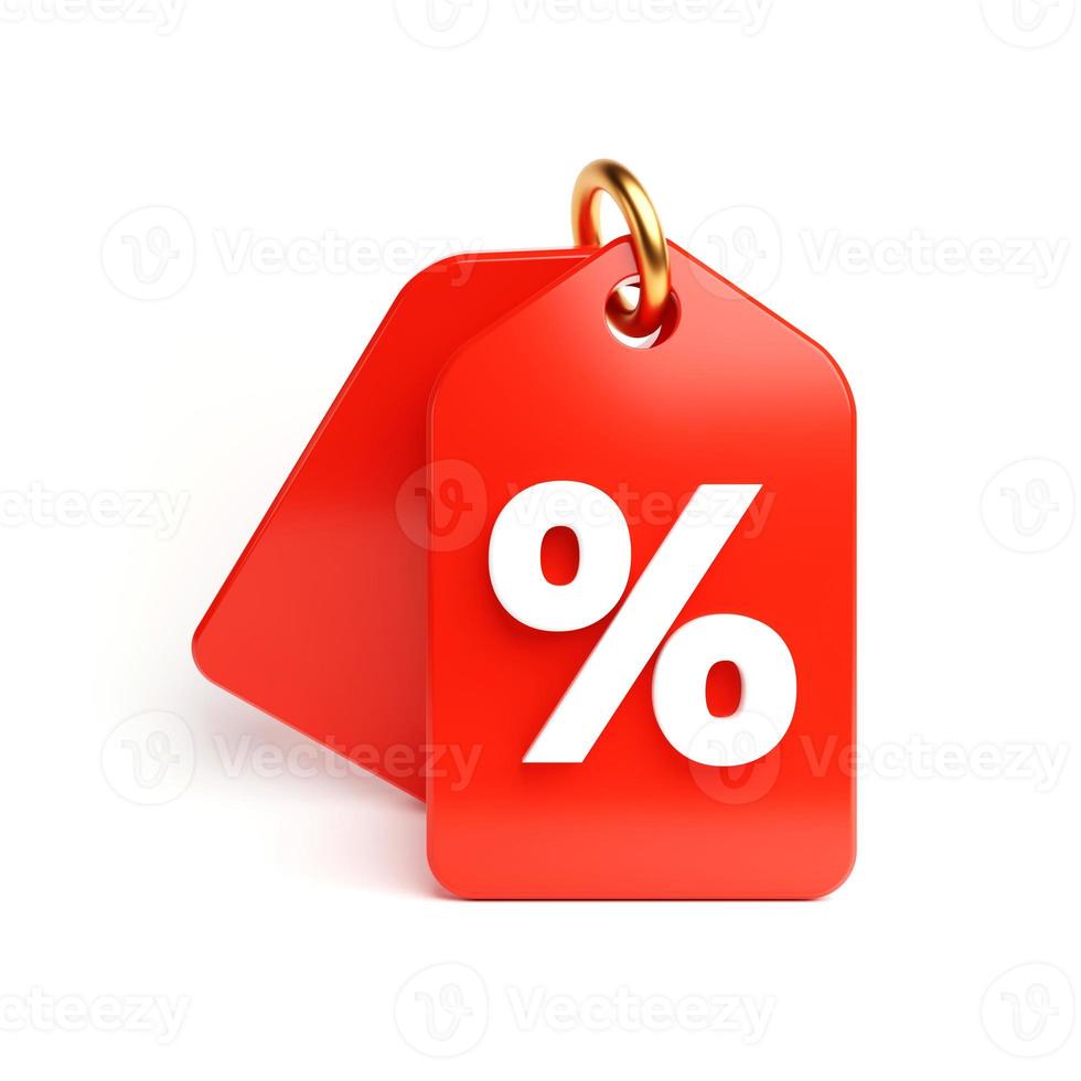 Red price tag with percent symbol for sale marketing on white background. Business e-commerce and online shopping concept. 3D illustration rendering photo