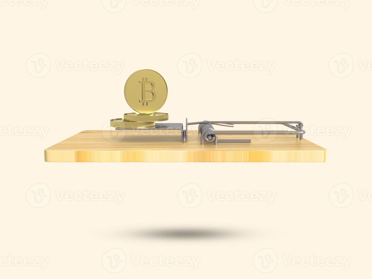 Bitcoin trap and fraud 3D icon. Investment risk or bitcoin trap, business fraud and cheating or financial pitfall and mistake concept by mouse trap. 3D rendered illustration. photo