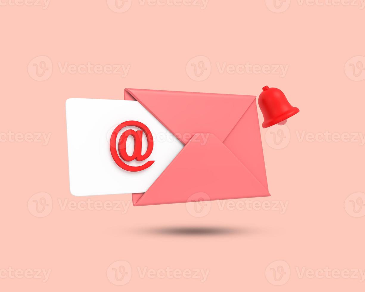 Mail and message with notification alert 3D icon. New mail notification. New message notification. letter in opened  envelope. 3D bell icon with envelope and letter.  3D Rendered Illustration. photo