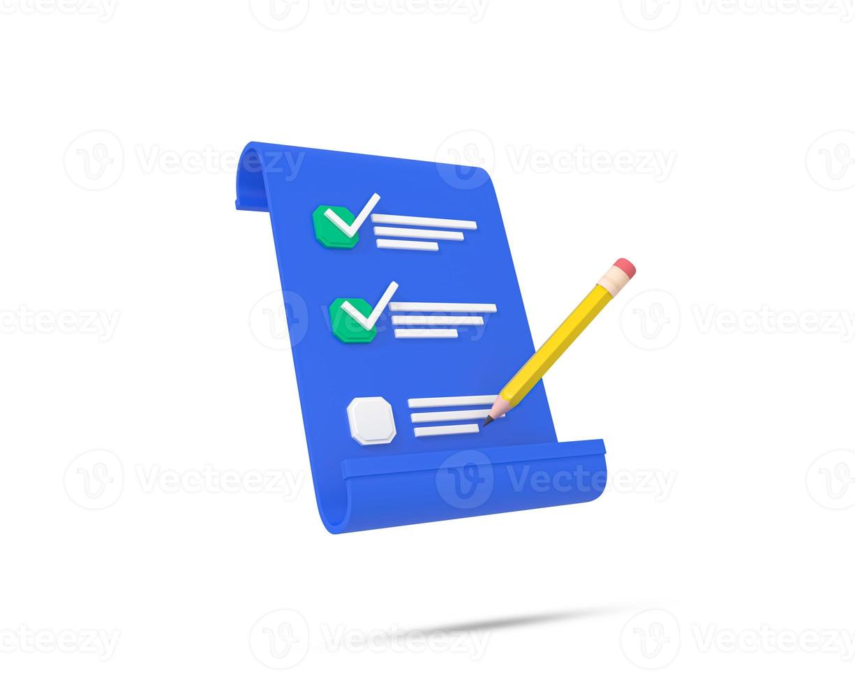 Checklist on paper 3d icon. pencil writing on floating paper with check. Data entry symbol. 3D Rendered Illustration. photo