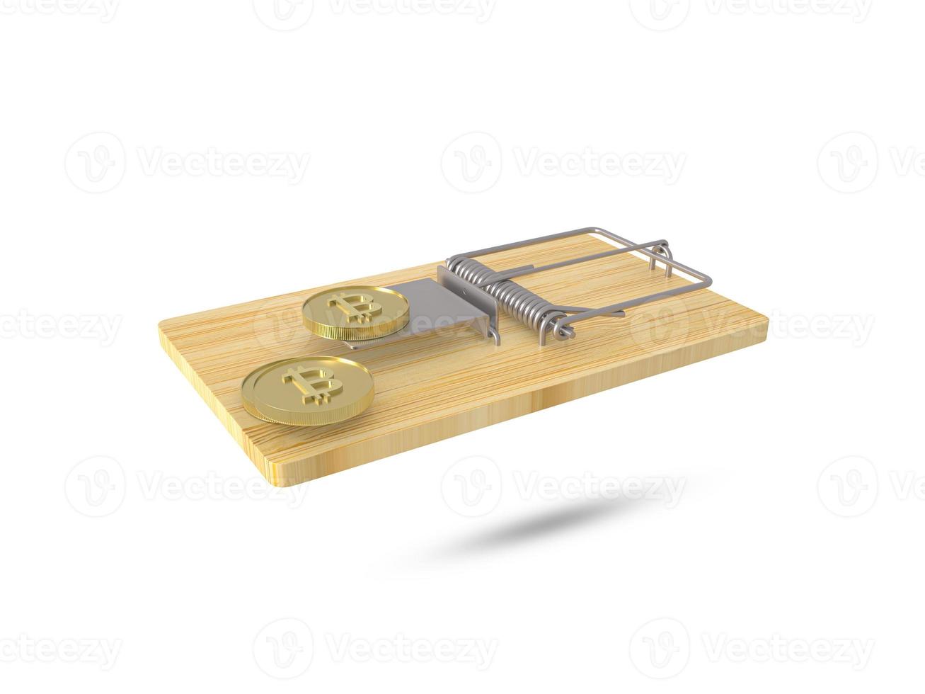 Bitcoin trap and fraud 3D icon. Investment risk or bitcoin trap, business fraud and cheating or financial pitfall and mistake concept by mouse trap. 3D rendered illustration. photo