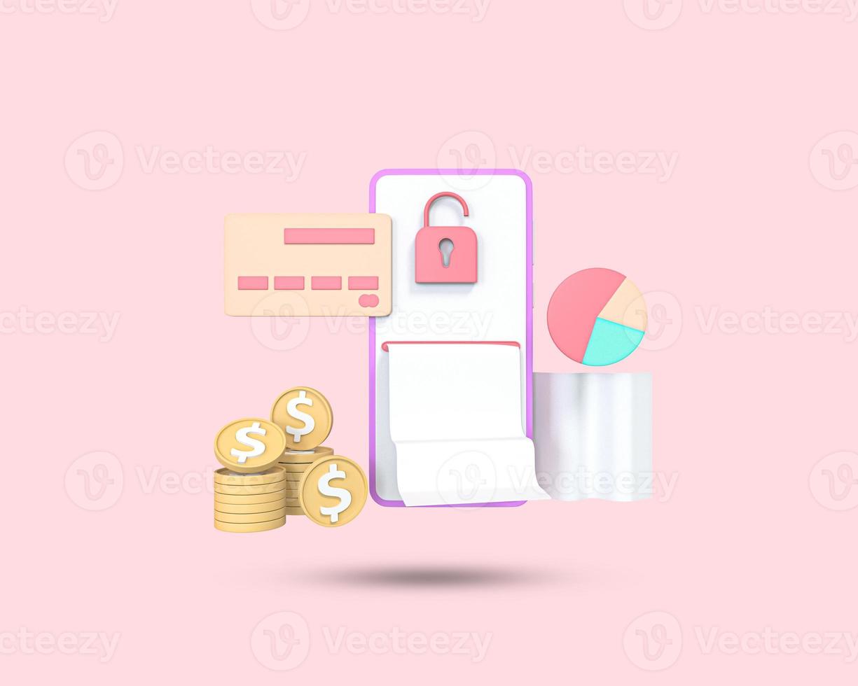 configuración del gráfico de negocios con el icono 3d del teléfono inteligente. los elementos del mercado de datos empresariales puntean diagramas y gráficos de gráficos circulares de barras. Ilustración procesada en 3D. foto