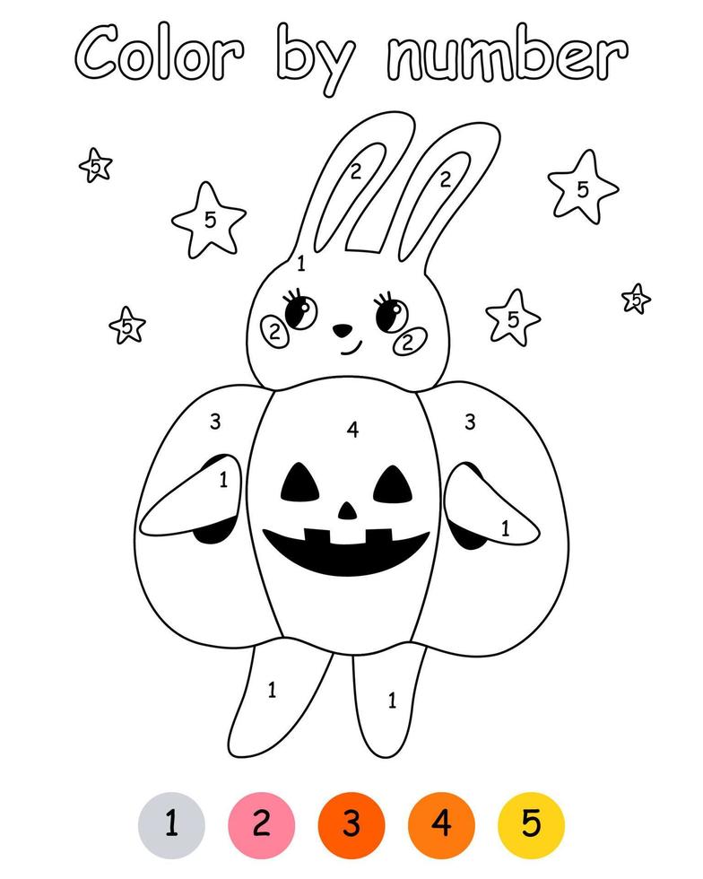 Color by number game for kids. Rabbit in costume pumpkin. Halloween bunny. Printable worksheet with solution for school and preschool. Learning numbers activity. Vector cartoon illustration.