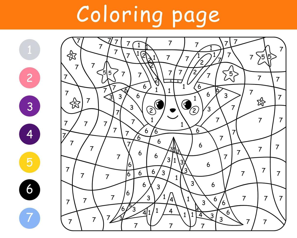 Color by number game for kids. Rabbit in costume vampire. Halloween bunny. Printable worksheet. Coloring page. Vector cartoon illustration.