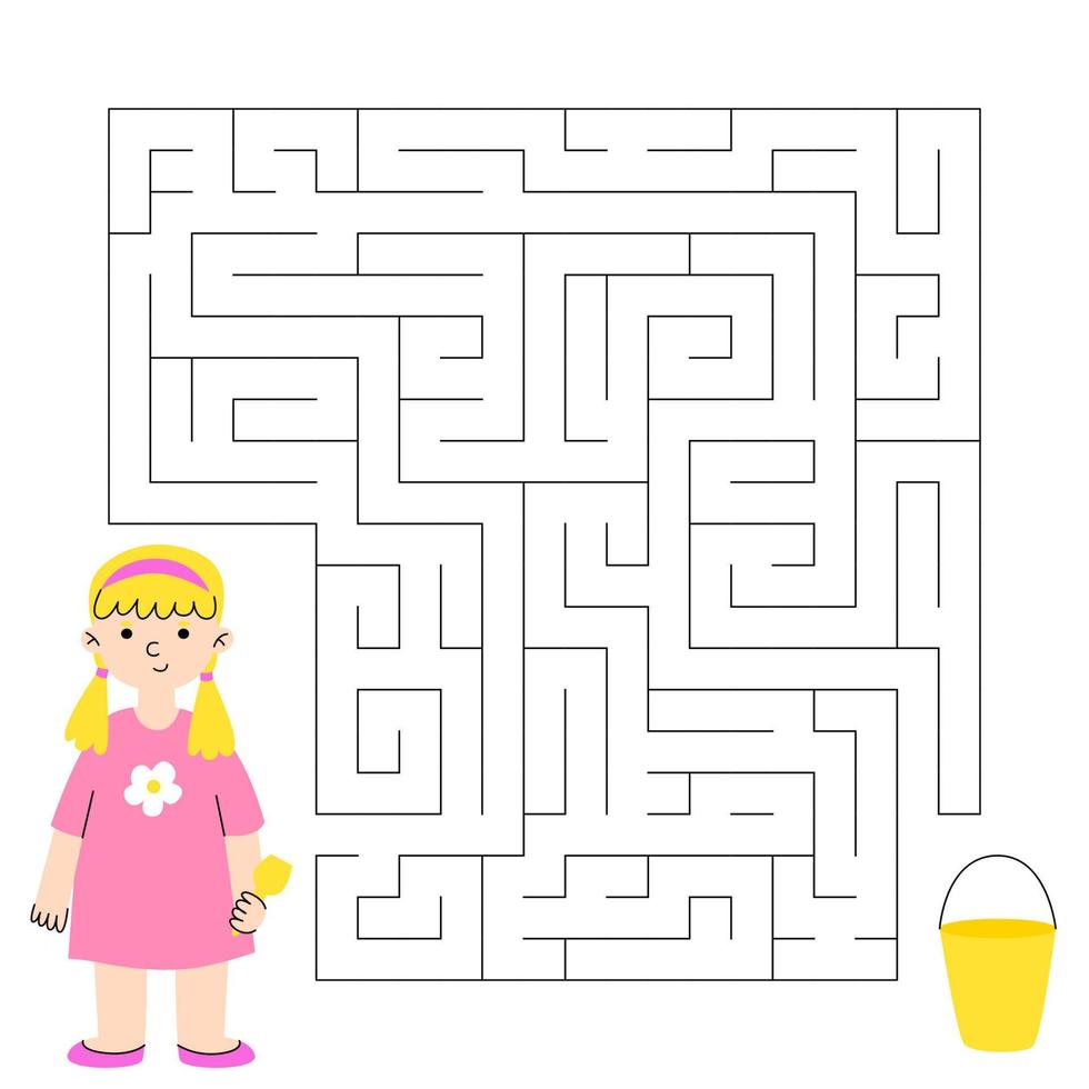 Maze game for children. Cute little girl is looking for a way to a sand bucket. Children's educational game. Summer worksheet. Vector cartoon illustration.