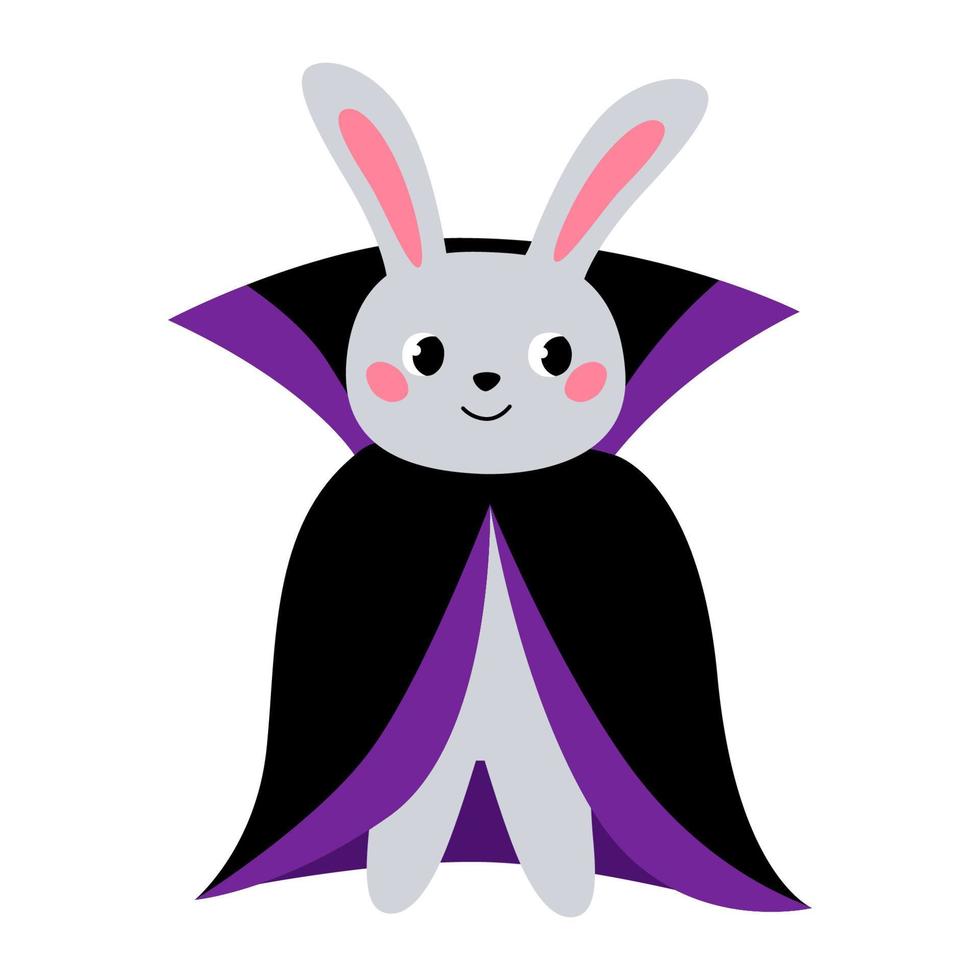 Cute rabbit in costume vampire. Kids halloween. Funny character for holiday. Vector cartoon illustration.
