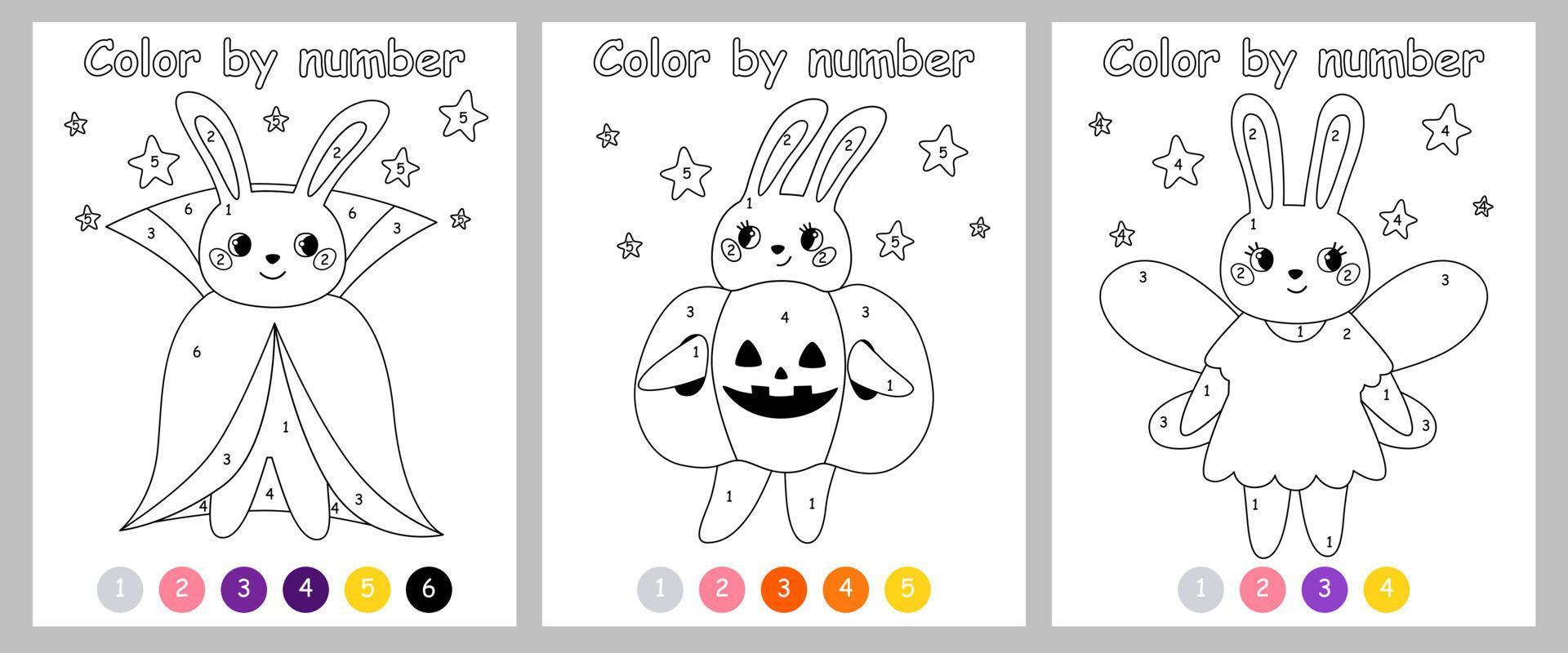 Color by number game for kids. Rabbit in costume for halloween. Bunny vampire, fairy and pumpkin. Printable worksheet with solution for school and preschool. Learning numbers activity. vector