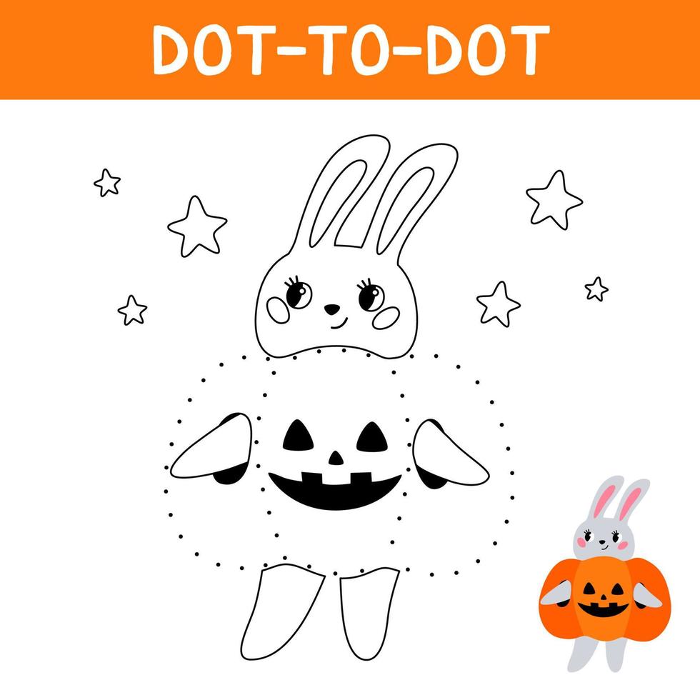 conecta los puntos y dibuja un lindo conejo. conejito en disfraces de halloween de calabaza. juego educativo para niños. ilustración de dibujos animados vectoriales. vector