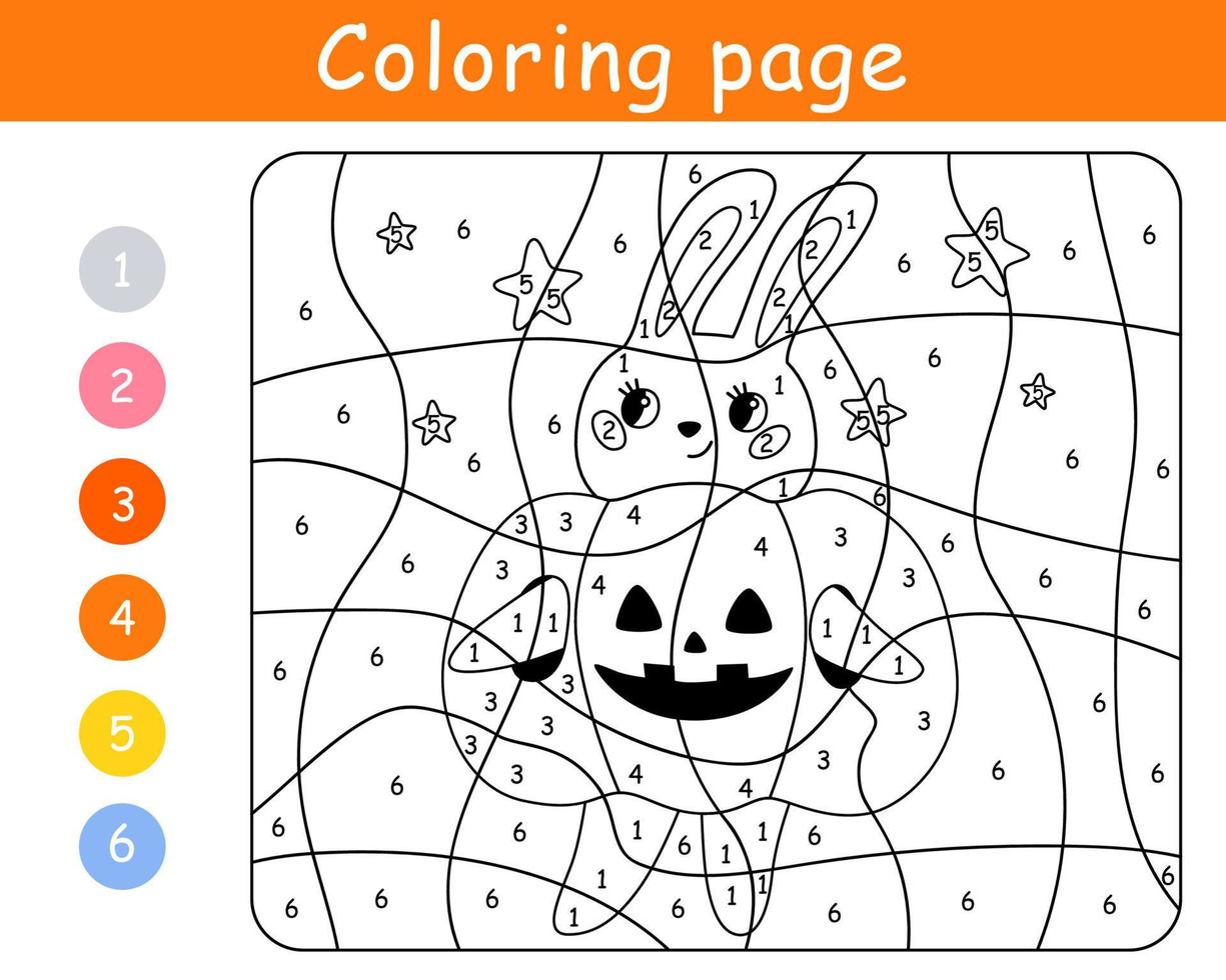 Color by number game for kids. Rabbit in costume pumpkin. Halloween bunny. Printable worksheet. Coloring page. Vector cartoon illustration.