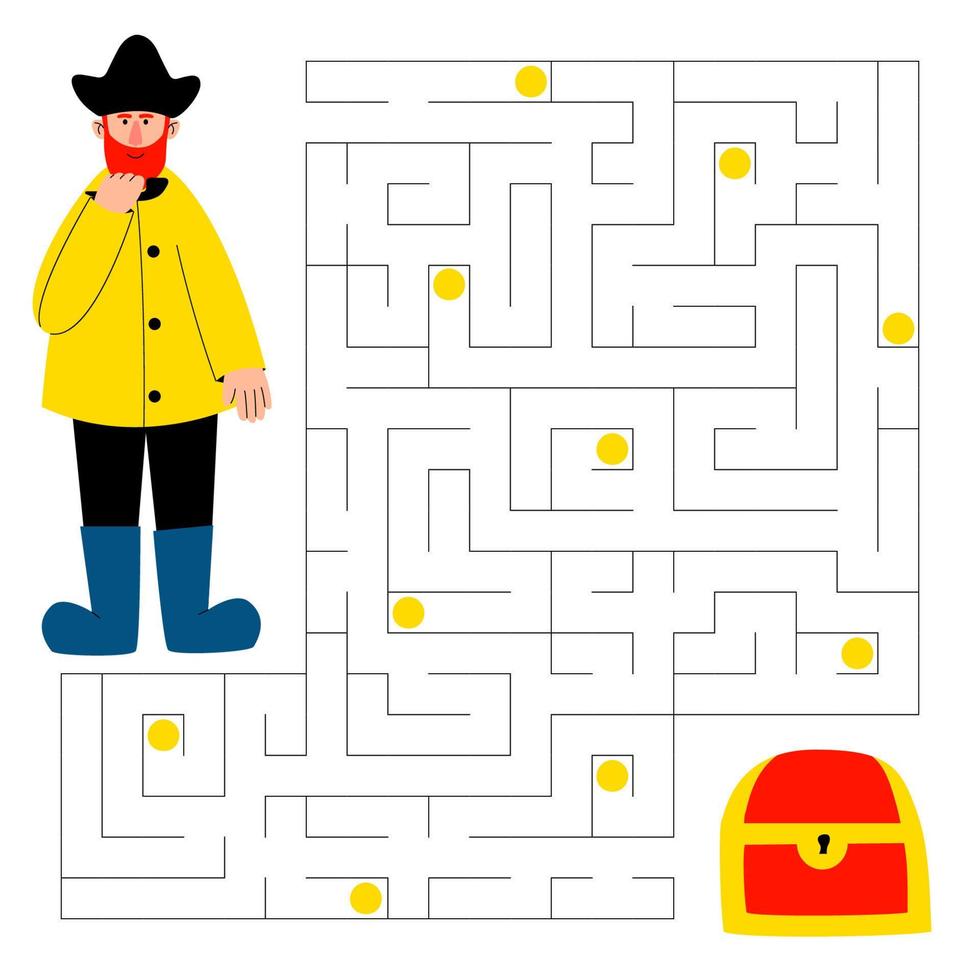 Maze game for children. Cute pirate is looking for a way to the treasure chest, collecting coins along the way. Children's educational game. Vector cartoon illustration.