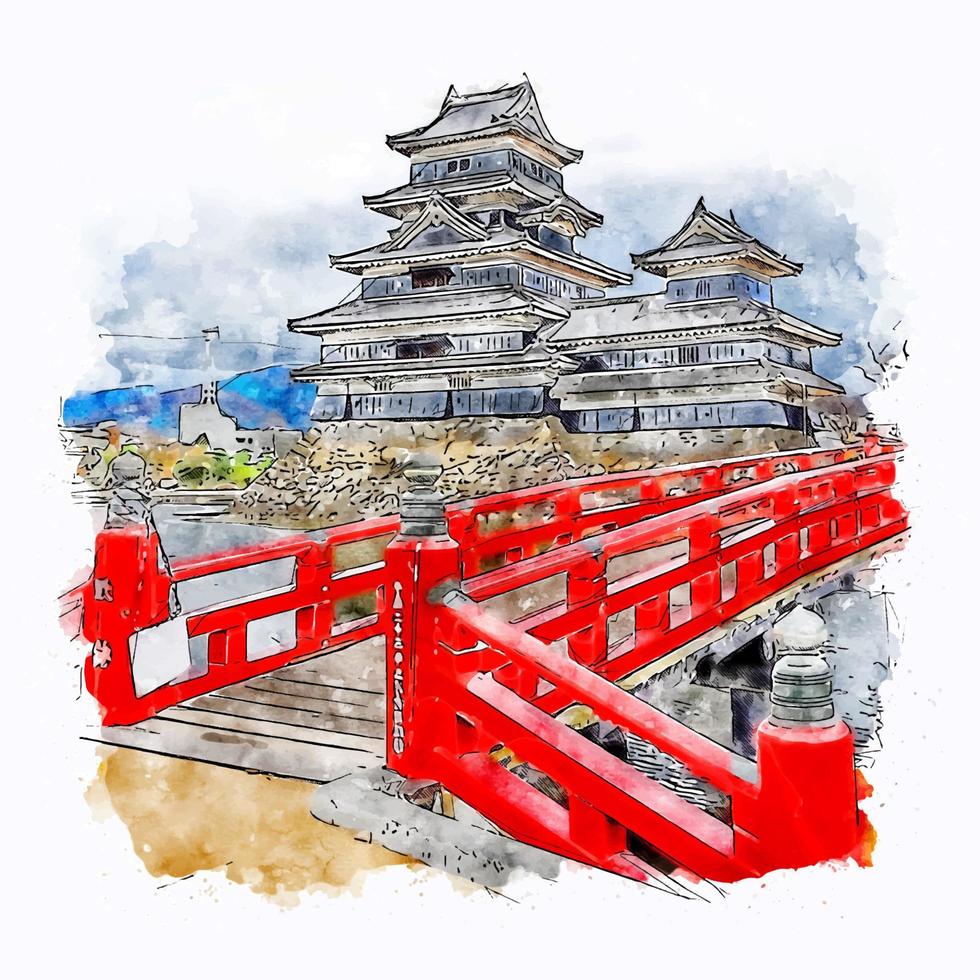 castillo japón acuarela boceto dibujado a mano ilustración vector