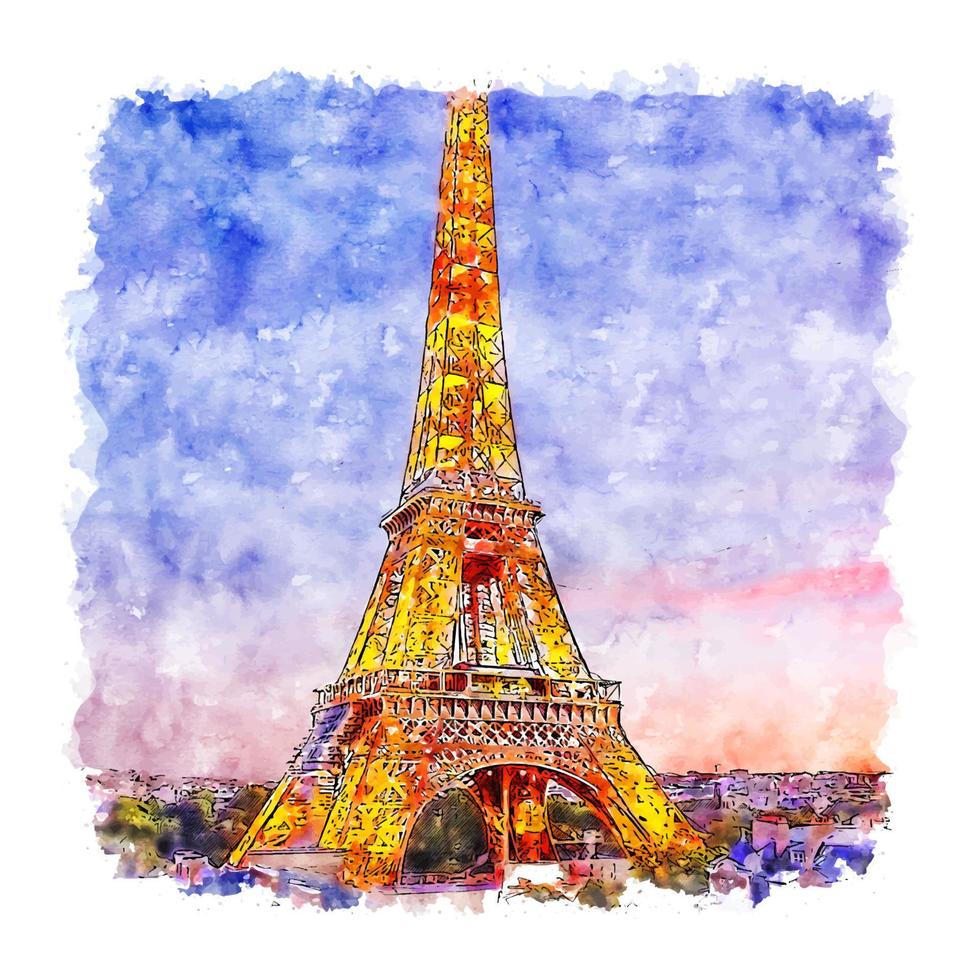 torre eiffel parís francia acuarela boceto dibujado a mano ilustración vector