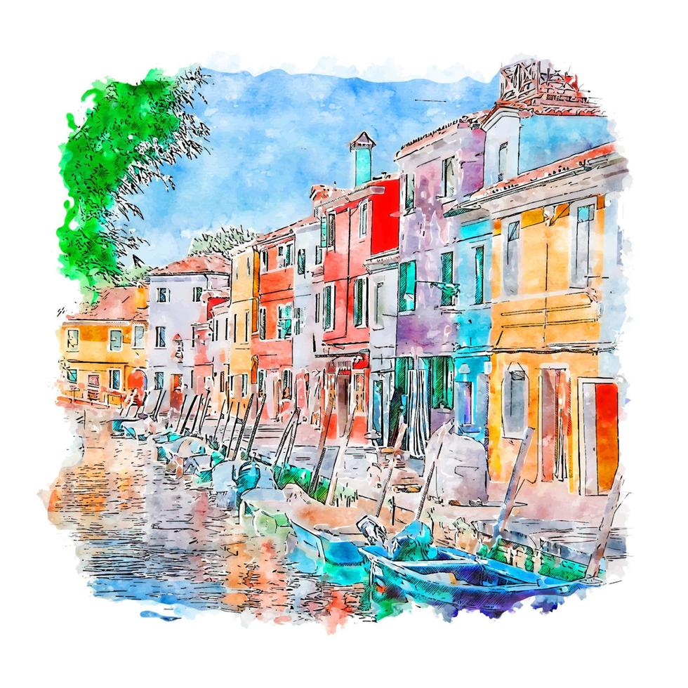 Burano Veneto Italy Watercolor sketch hand drawn illustration vector