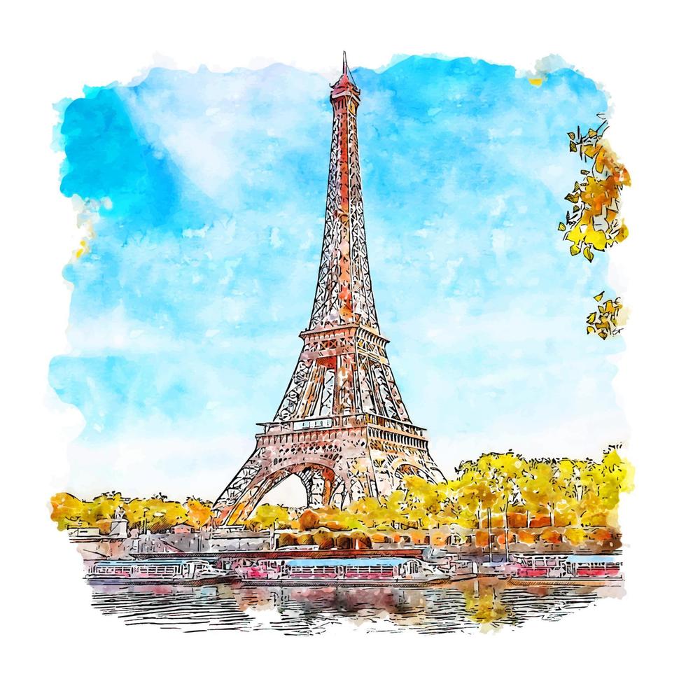 torre eiffel parís francia acuarela boceto dibujado a mano ilustración vector