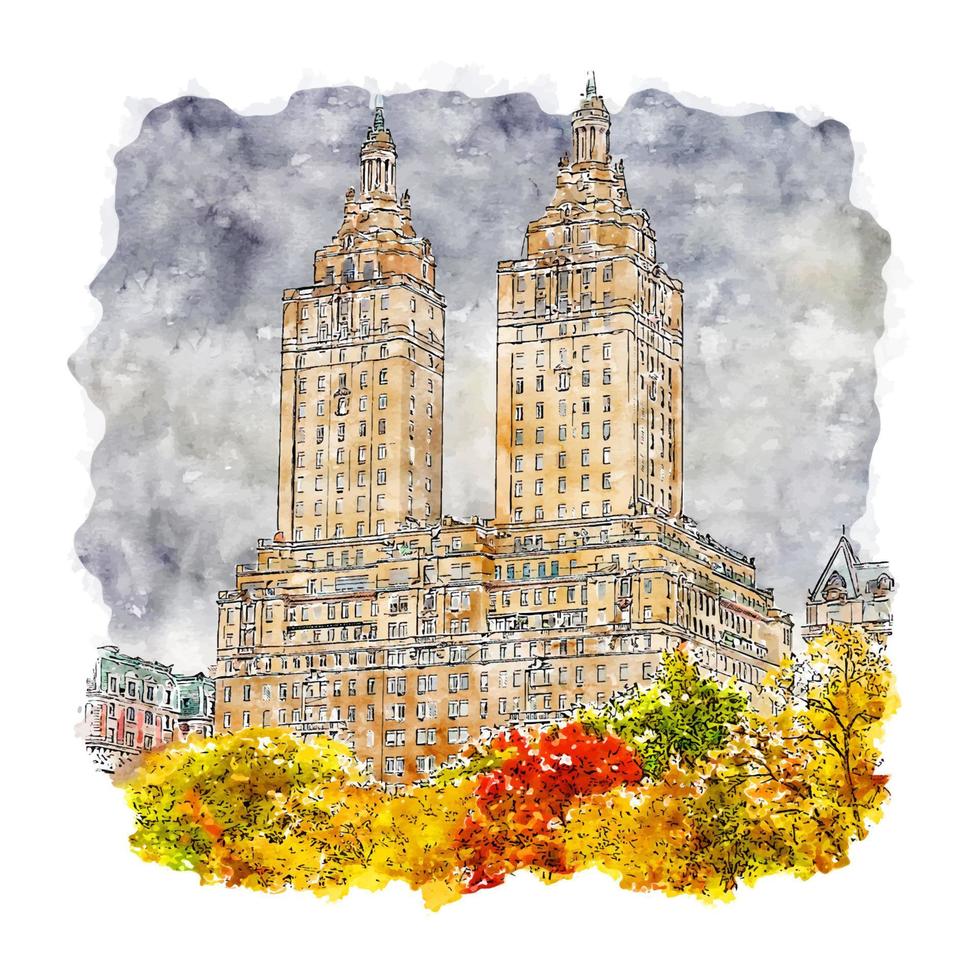 Central Park New York Watercolor sketch hand drawn illustration vector