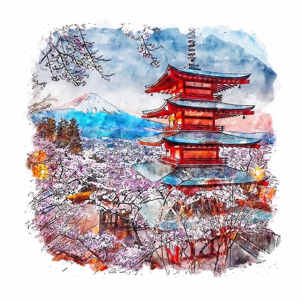 Chureito Pagoda Japan Watercolor sketch hand drawn illustration vector