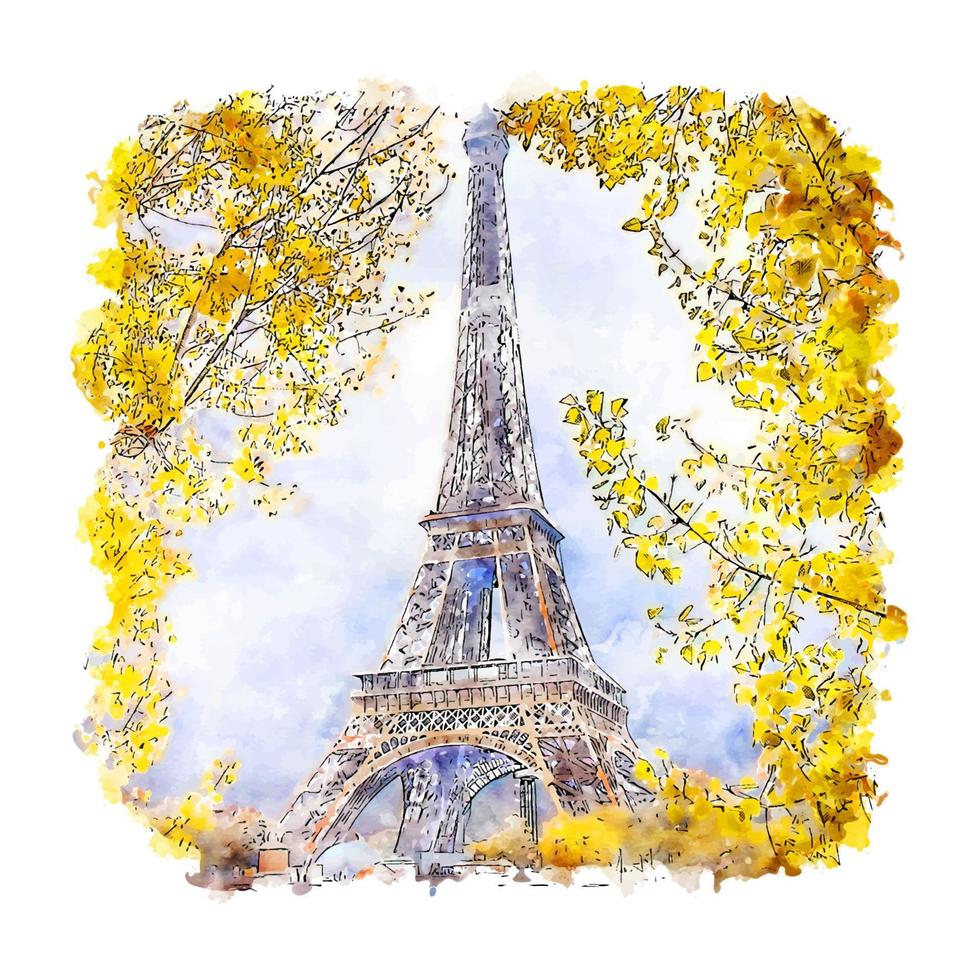 Eiffel Tower Paris France Watercolor sketch hand drawn illustration vector