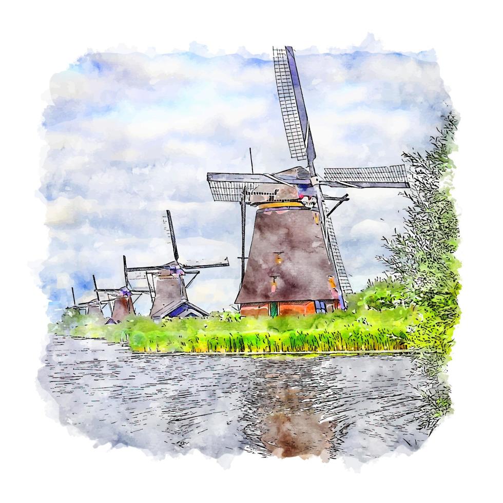 Kinderdijk Netherlands Watercolor sketch hand drawn illustration vector