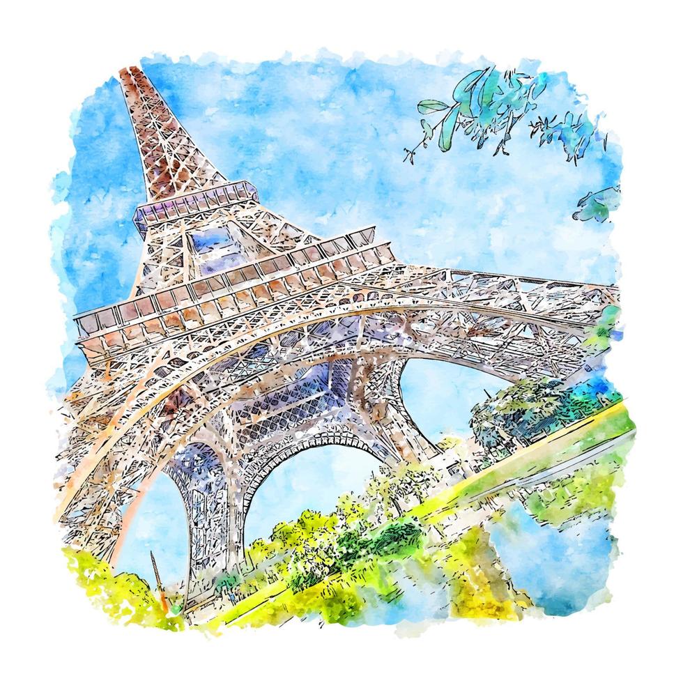 Eiffel Tower Paris France Watercolor sketch hand drawn illustration vector