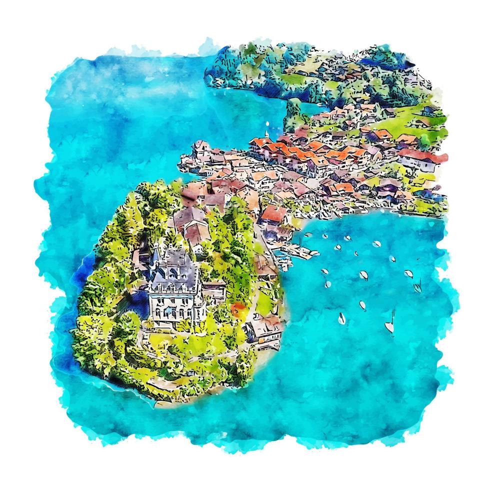 Lake Brienz Switzerland Watercolor sketch hand drawn illustration vector