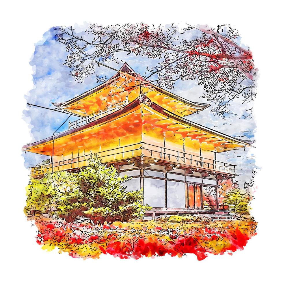 Kinkakuji Temple Japan Watercolor sketch hand drawn illustration vector