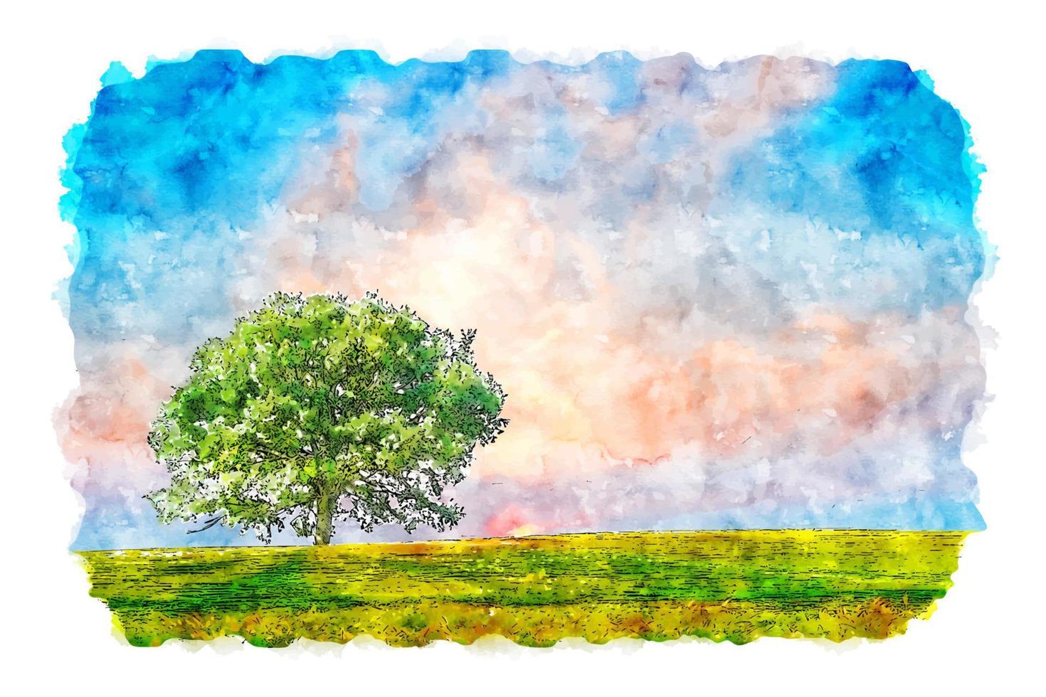 Landscape sky tree nature Watercolor sketch hand drawn illustration vector