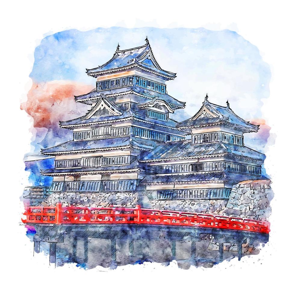Matsumoto Castle Japan Watercolor sketch hand drawn illustration vector