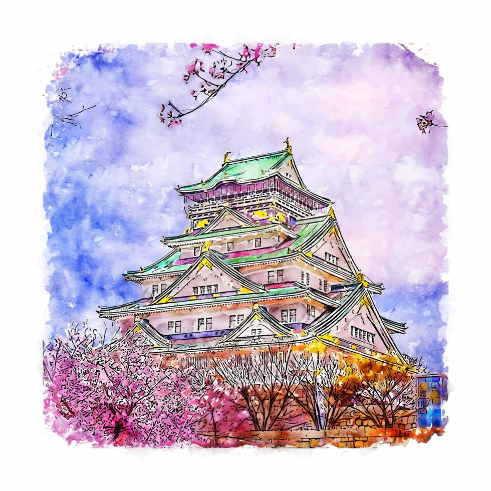 castillo de osaka japón acuarela boceto dibujado a mano ilustración vector