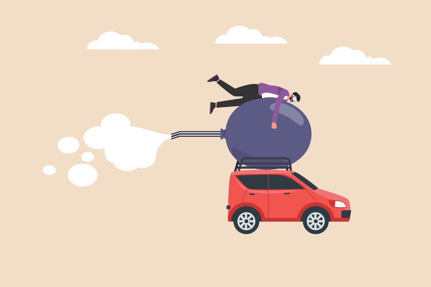 Young boy researchers lying face down on the Balloon Powered Car. Scientific research concept. Flat vector illustration.