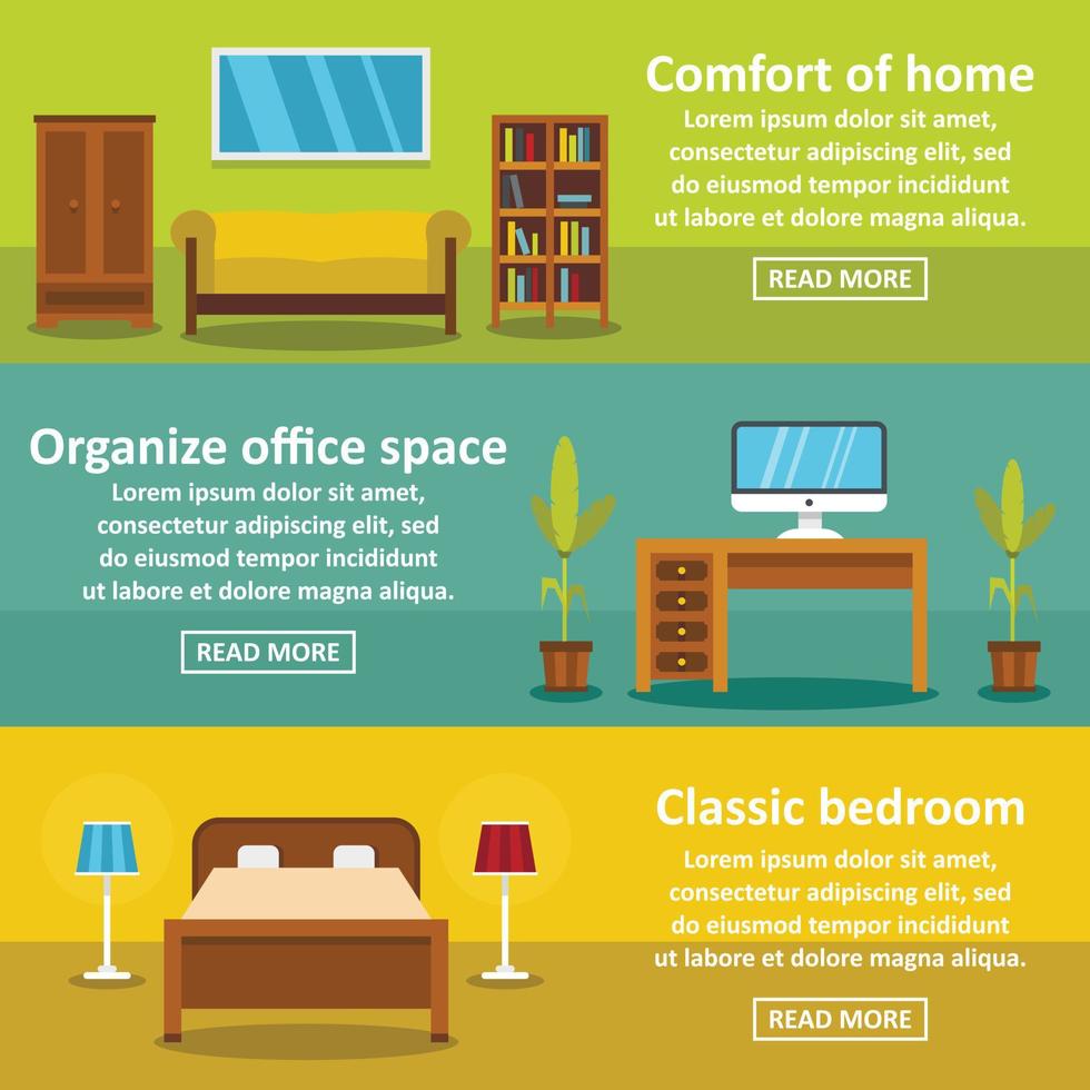 Interior comfort banner horizontal set, flat style vector
