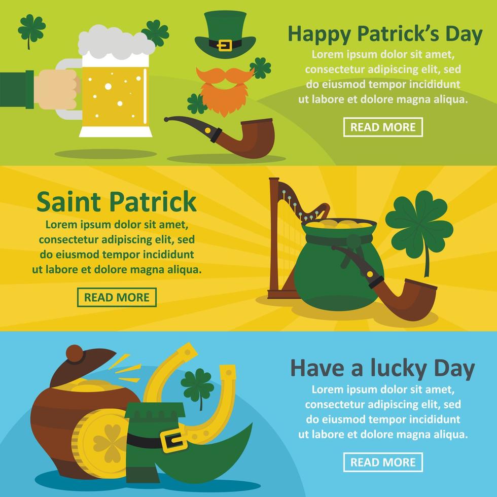 Saint Patrick banner horizontal set, flat style vector