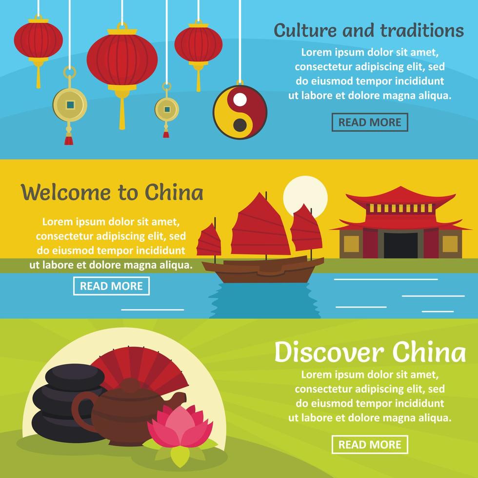 China travel banner horizontal set, flat style vector