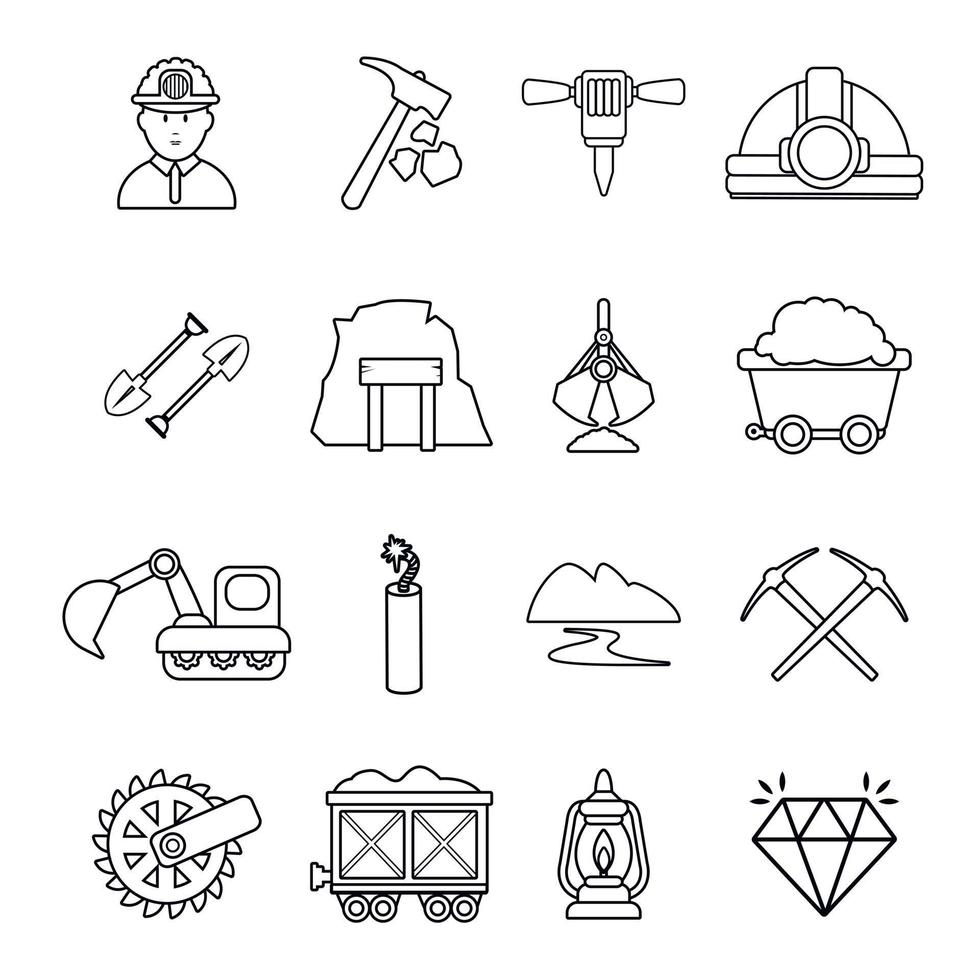 conjunto de iconos de negocios de minerales mineros, estilo de esquema vector