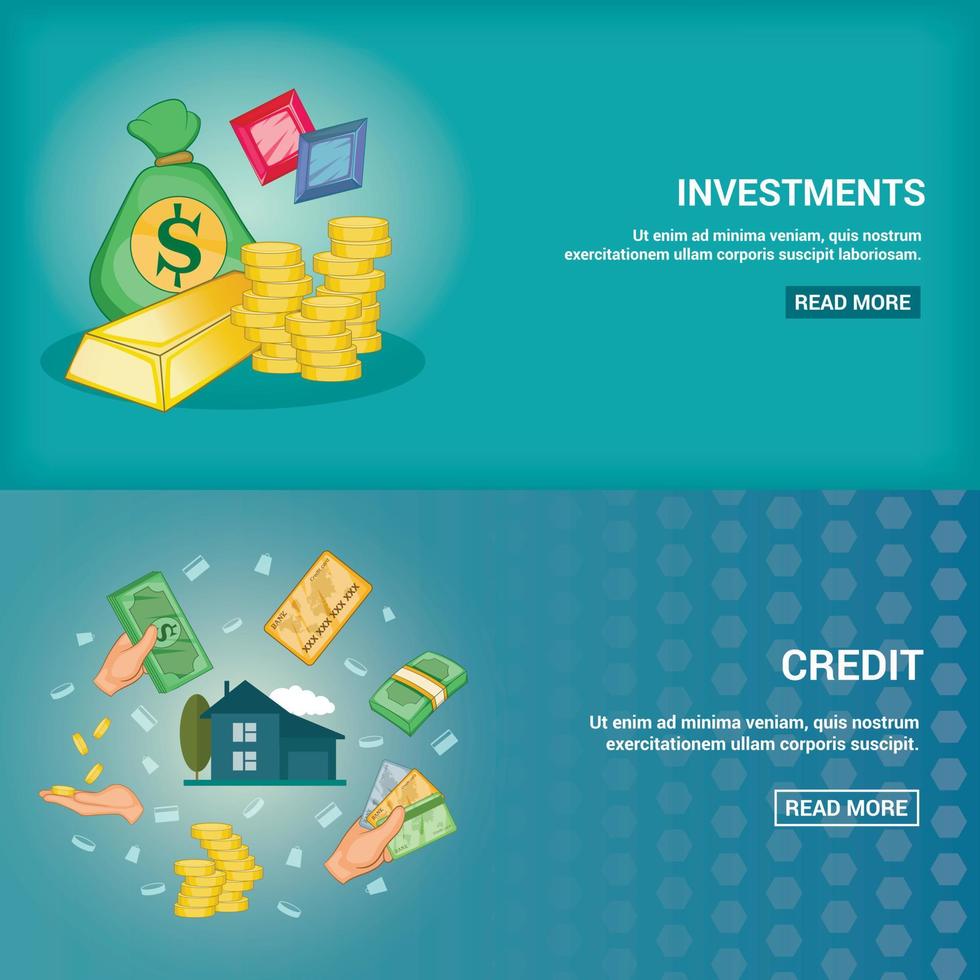 Bank horizontal banners set with credit services and currency exchange cartoon vector illustration