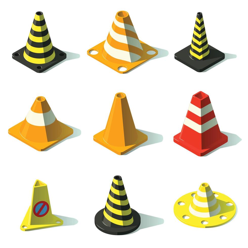 Cone traffic fence icons set, isometric style vector