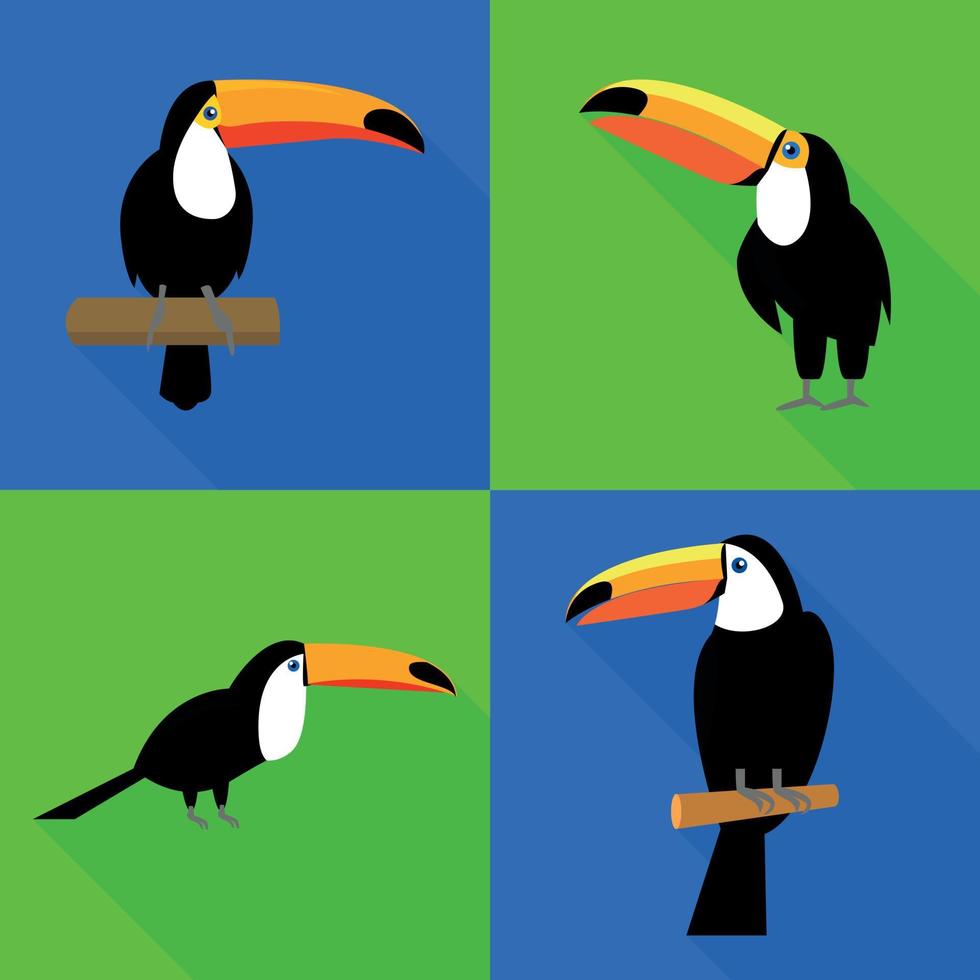 Toucan icons set, flat style vector