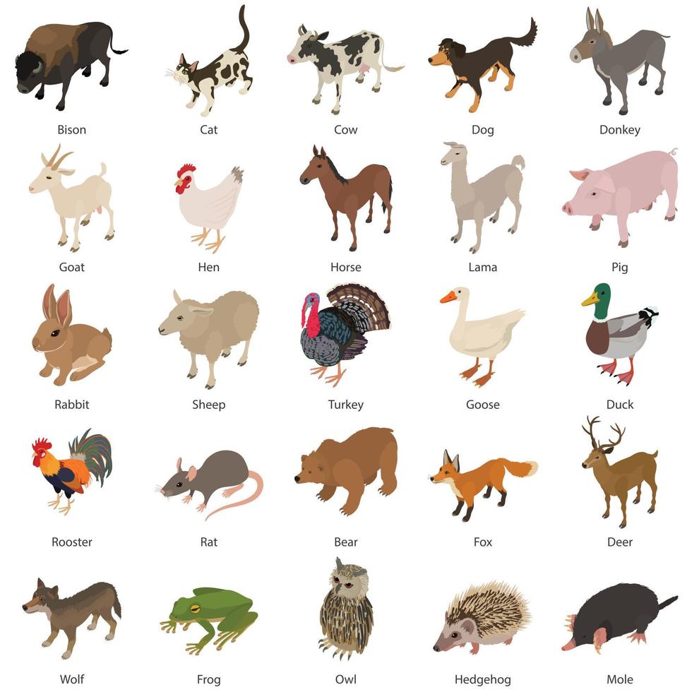 Animals collection icons set, isometric style vector