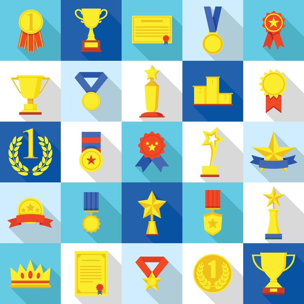 Medal trophy award prize icons set, flat style vector